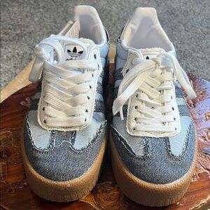 Denim Platform Samba Sneakers in Light Blue, Dark Blue & White.